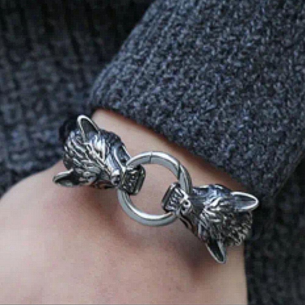 New! MEN'S Braided Leather Double Wolf Head Bracelet. 8.5"